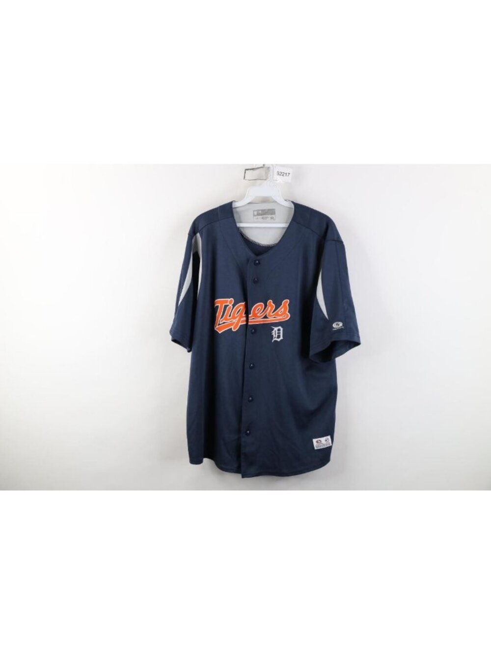 Vintage Mens Large Spell Out Script Detroit Tigers Baseball Jersey Shirt Blue
